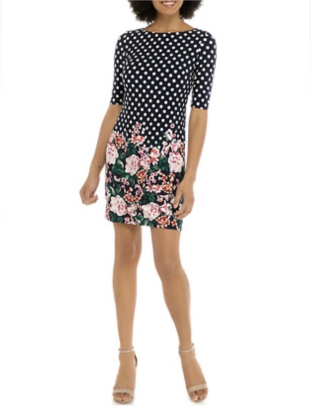 NWT Eliza J Polka Dot Floral Shift Dress Navy Pink Size 6